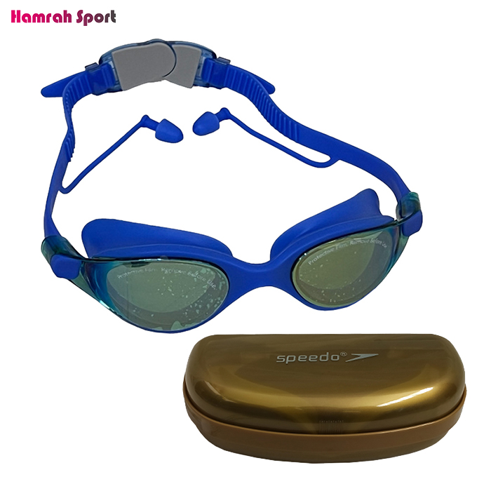عینک شنا اسپیدو speedo جیوه ای گوش گیر دار حرفه ای قاب طلایی