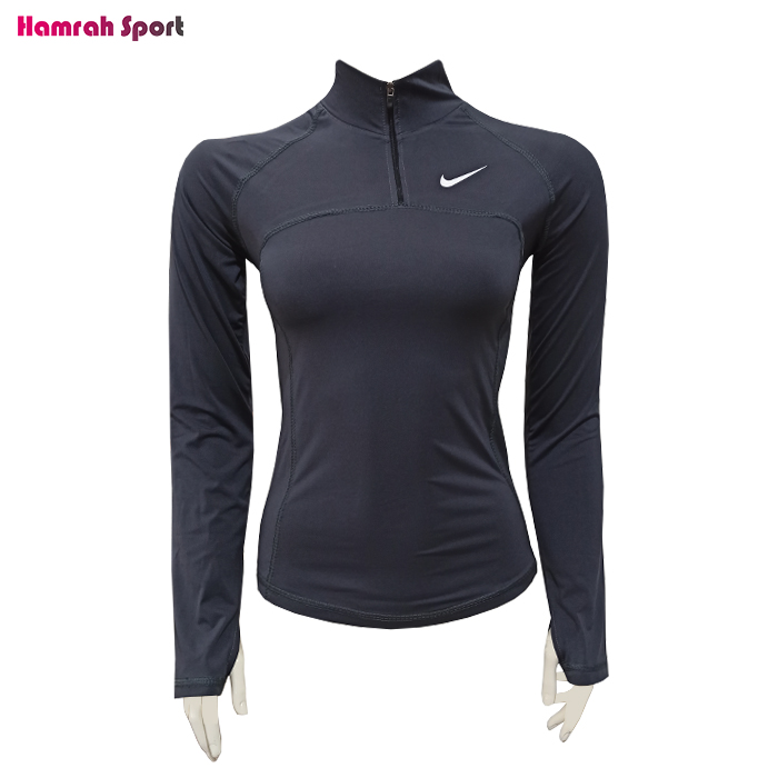 تیشرت ورزشی زنانه سایز بزرگ آستین بلند nike نیم زیپ انگشتی اعلا