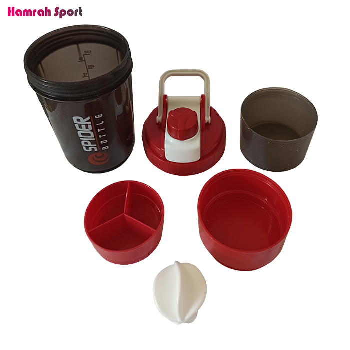 شیکر بدنسازی 3 تکه اسپایدر مدل درب پیچی SH-SP/500ML دسته دار